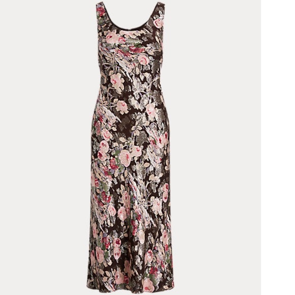 NEW Ralph Lauren Floral Metallic Jacquard Brown and Silver Dress size 2Petite - Picture 1 of 6